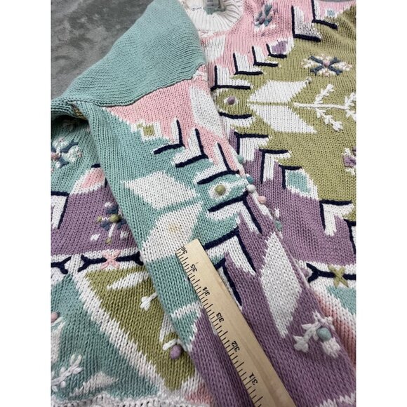 Vintage Fashion Options Sweater Women Large Pastel Geometric Knit Lace Trim Cott - Picture 7 of 13